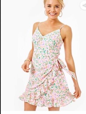 Lilly Pulitzer Pink Alisa Dress Wrap-Style Spaghetti Strap Mini Dress Fruit